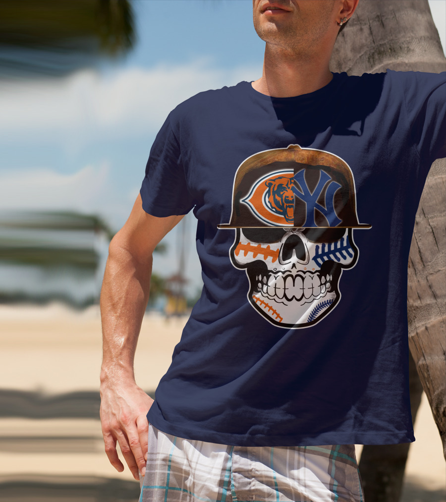 Chicago Bears Yankees Skull Football Baseball Fusion T-Shirt