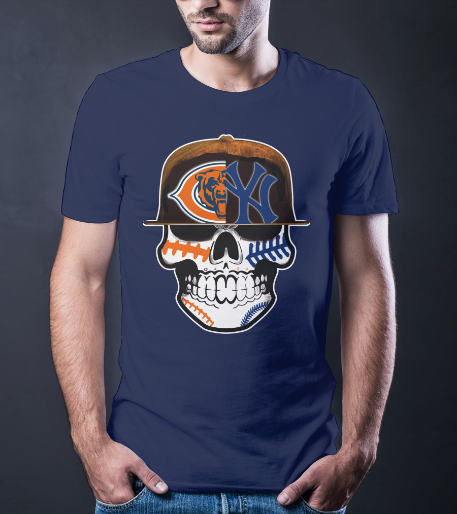 Chicago Bears Yankees Skull Football Baseball Fusion T-Shirt