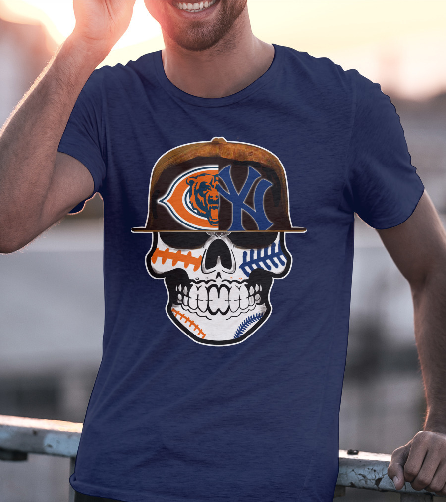 Chicago Bears Yankees Skull Football Baseball Fusion T-Shirt