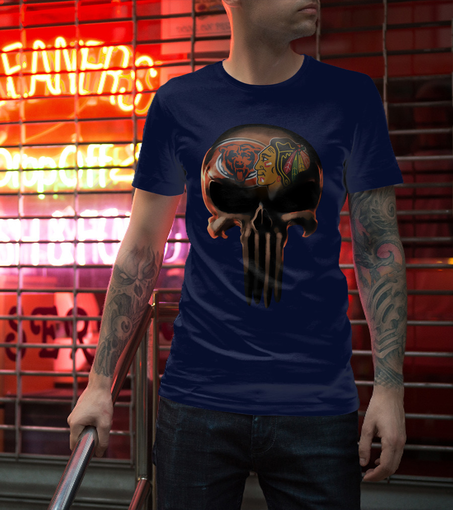 Chicago Bears 56 Skull Design With Nhl Blackhawks T-Shirt