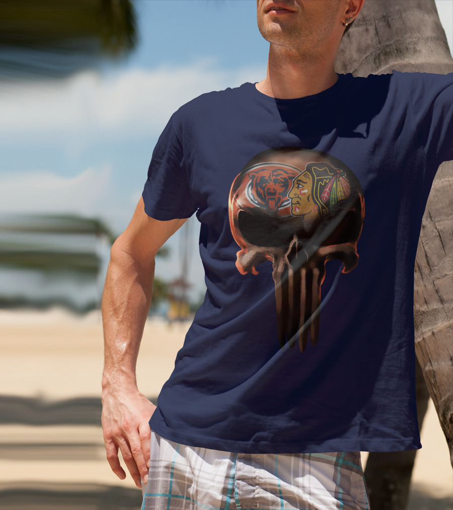 Chicago Bears 56 Skull Design With Nhl Blackhawks T-Shirt