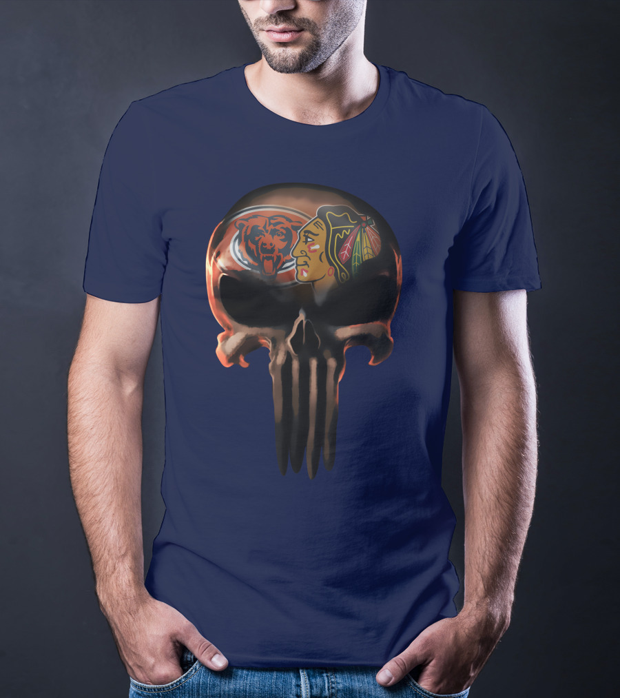 Chicago Bears 56 Skull Design With Nhl Blackhawks T-Shirt