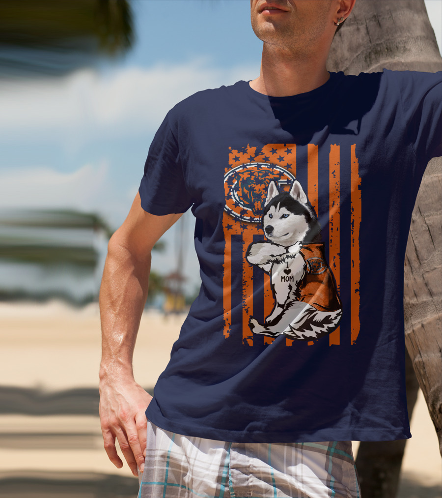 Siberian Husky Chicago Bears I Love Mom Flag T-Shirt