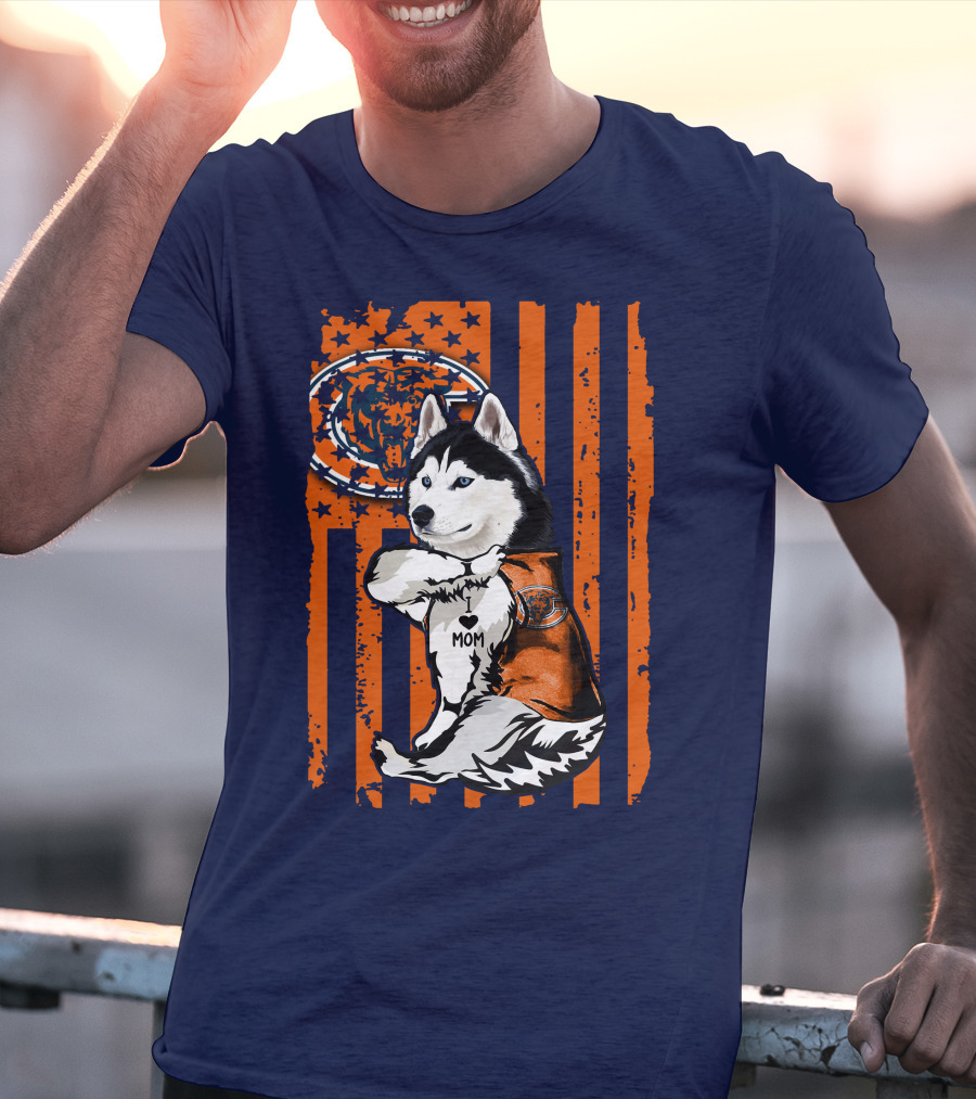 Siberian Husky Chicago Bears I Love Mom Flag T-Shirt
