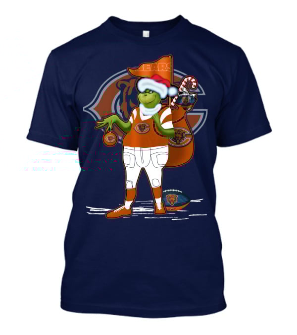 Grinchxmas Chicago Bears Holiday Football Fest With Bear In Santa Hat Holding Candy Cane And Ornament T-Shirt
