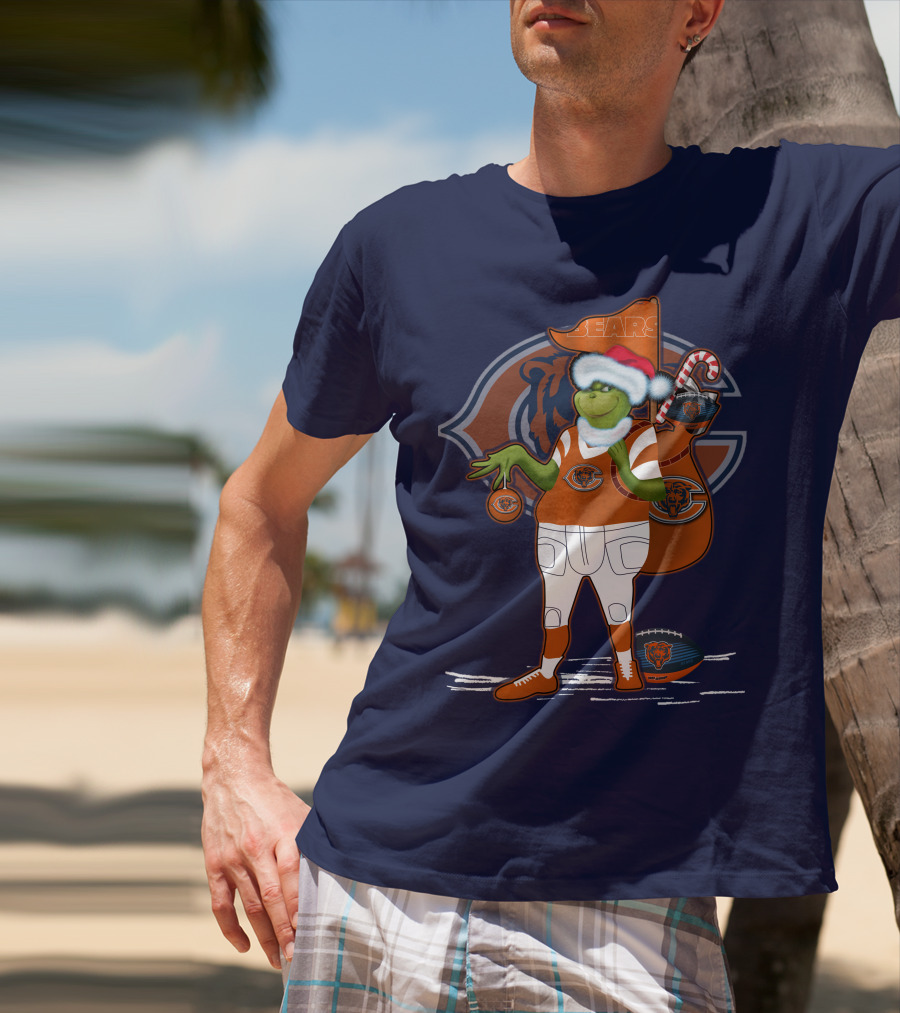Grinchxmas Chicago Bears Holiday Football Fest With Bear In Santa Hat Holding Candy Cane And Ornament T-Shirt