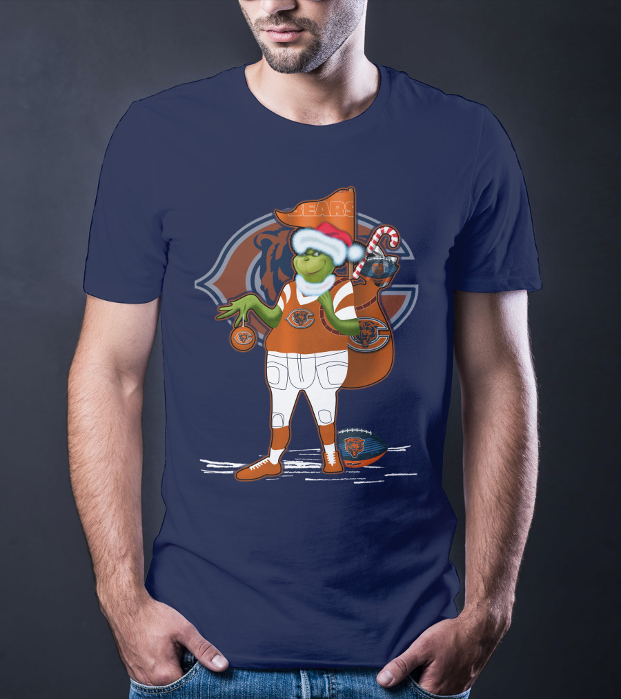 Grinchxmas Chicago Bears Holiday Football Fest With Bear In Santa Hat Holding Candy Cane And Ornament T-Shirt