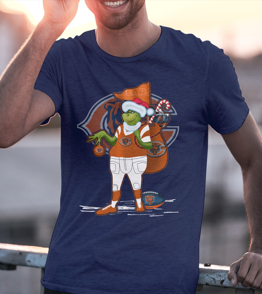 Grinchxmas Chicago Bears Holiday Football Fest With Bear In Santa Hat Holding Candy Cane And Ornament T-Shirt