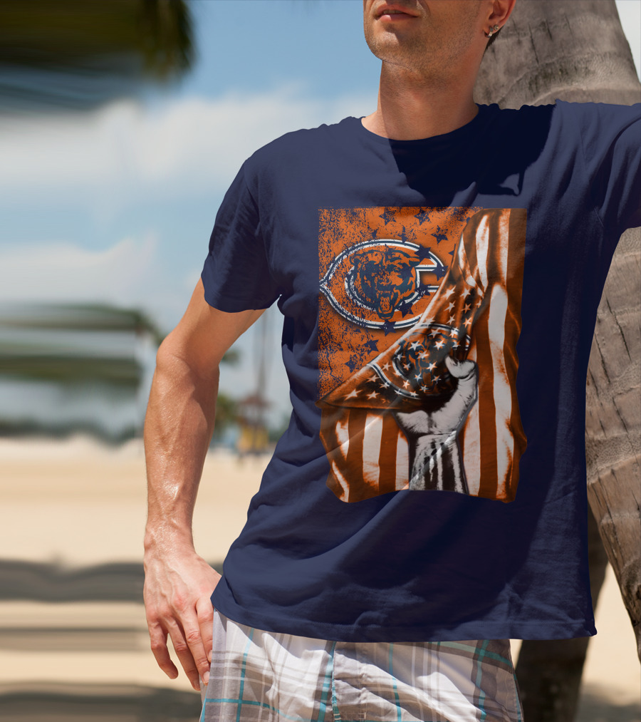 Hand Lifting American Flag Over CHICAGO BEARS T-Shirt