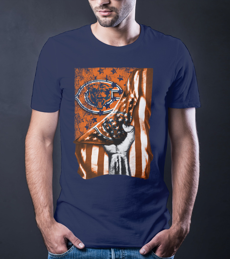 Hand Lifting American Flag Over CHICAGO BEARS T-Shirt