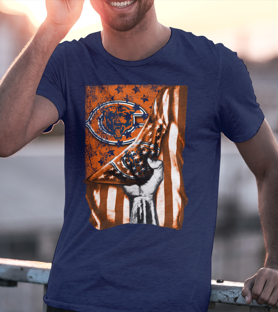 Hand Lifting American Flag Over CHICAGO BEARS T-Shirt