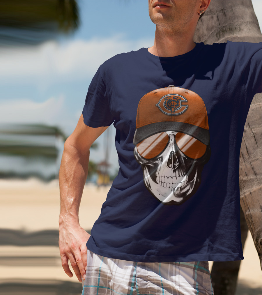 Skull V7 Chicago Bears Cap And Sunglasses T-Shirt