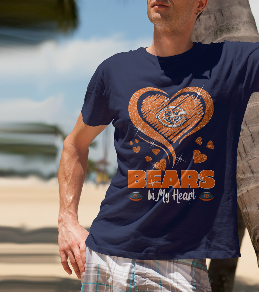 Bears In My Heart Chicago Bears Sparkling Hearts Navy Blue T-Shirt