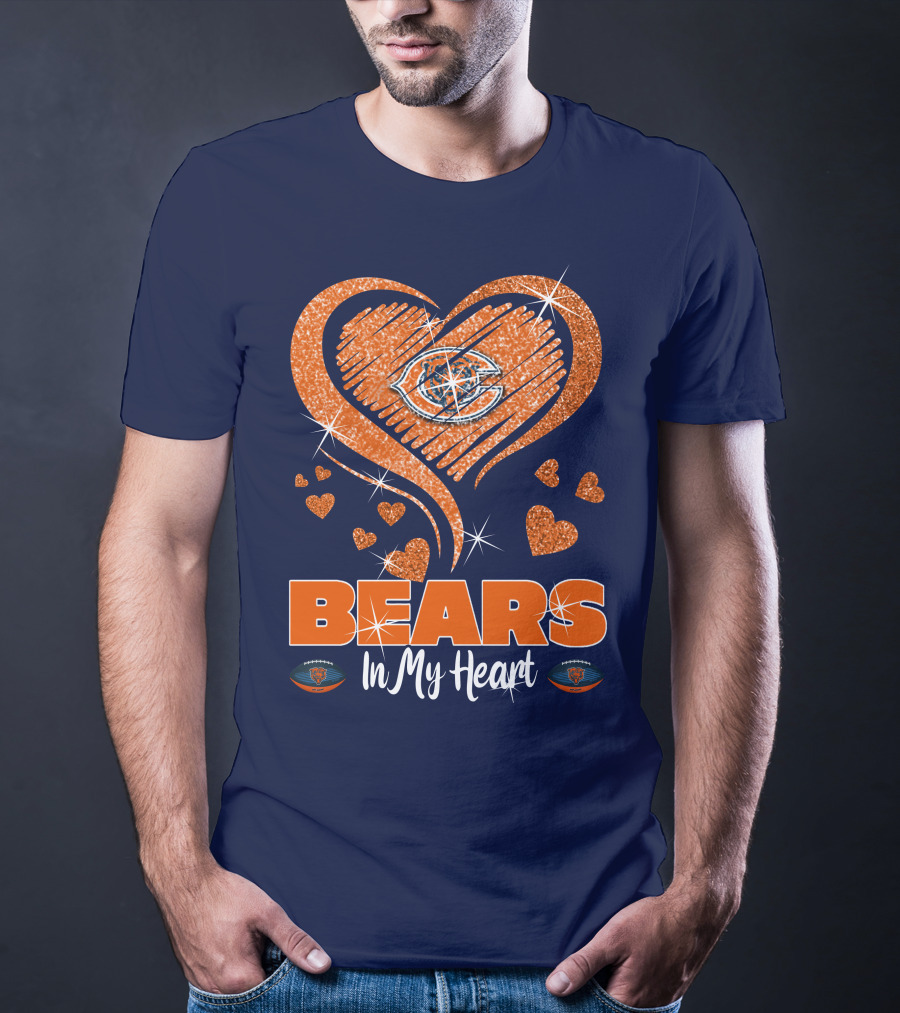 Bears In My Heart Chicago Bears Sparkling Hearts Navy Blue T-Shirt