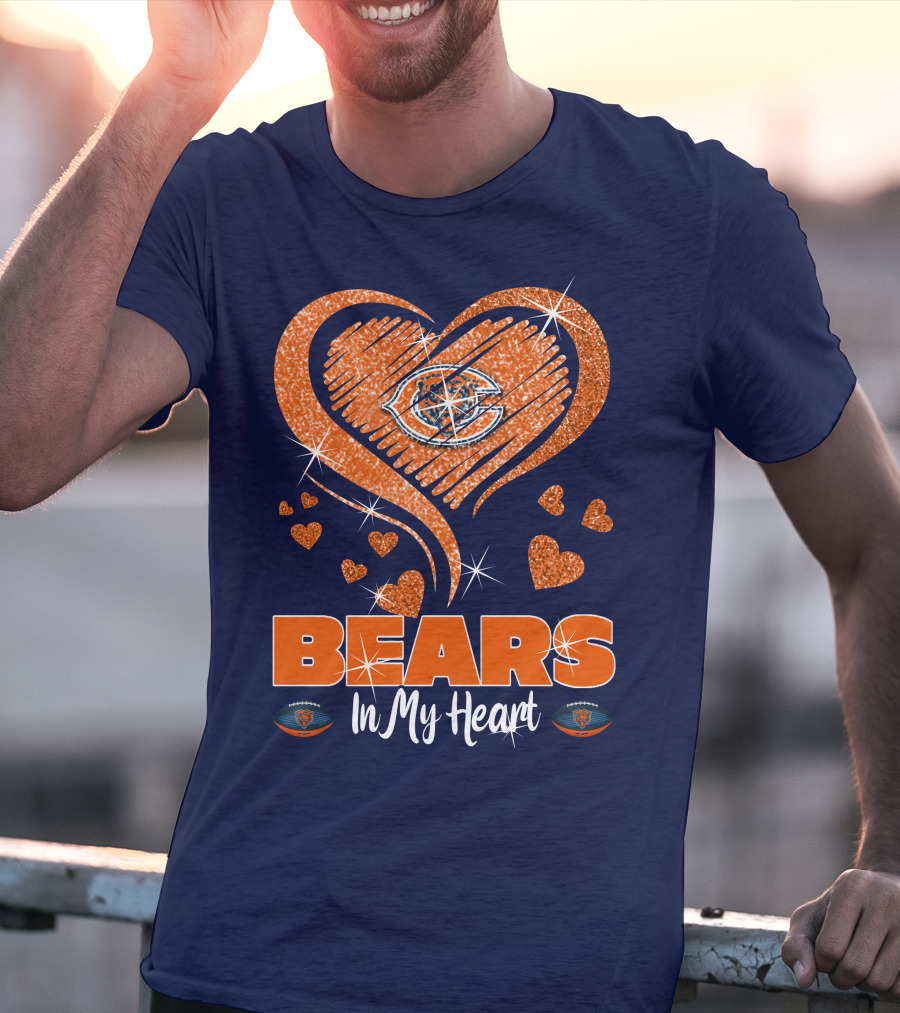 Bears In My Heart Chicago Bears Sparkling Hearts Navy Blue T-Shirt