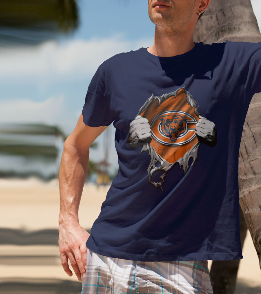 Torn Chicago Bears Emblem Revealed Through Ripped Fabric T-Shirt