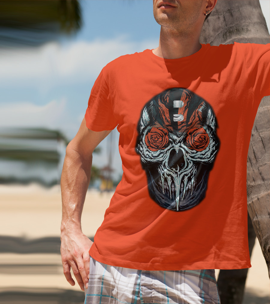Cincinnati Bengals 34 Skull Helmet With Roses T-Shirt