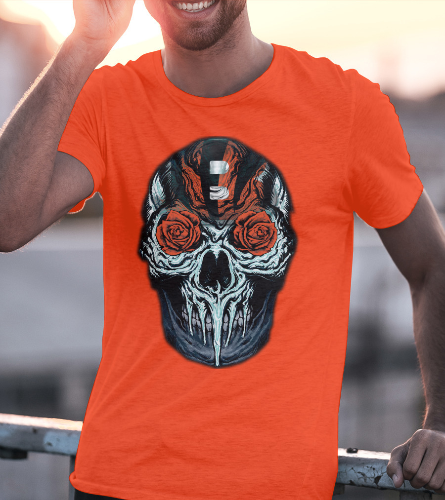 Cincinnati Bengals 34 Skull Helmet With Roses T-Shirt
