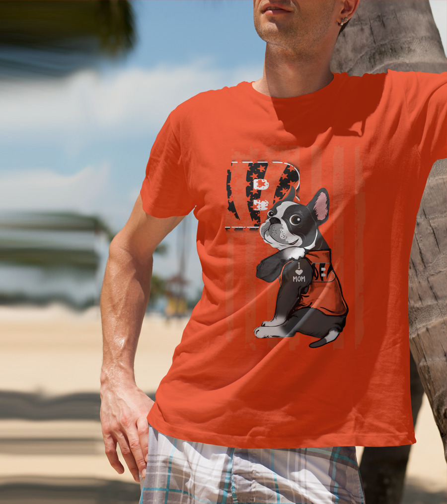 Boston Terrier Cincinnati Bengals B Stripes I Love Mom Football Fan Dog T-Shirt