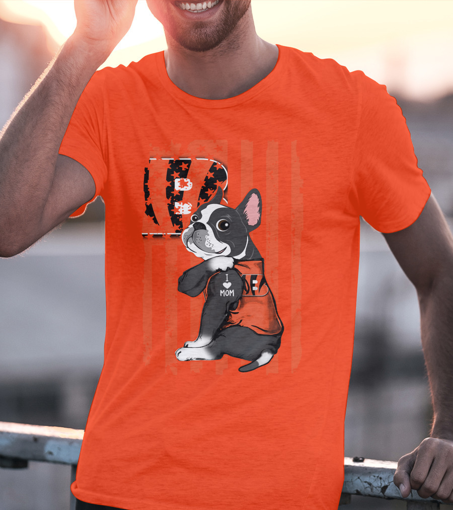 Boston Terrier Cincinnati Bengals B Stripes I Love Mom Football Fan Dog T-Shirt