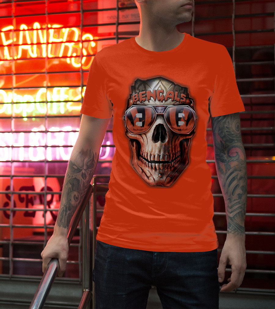 Bengals Skull Sunglasses 38 Orange T-Shirt