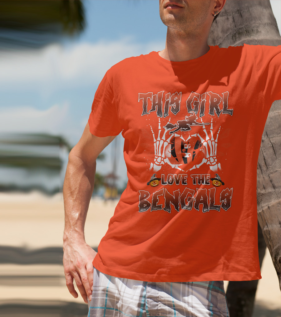 This Girl Love The Bengals Halloween Skeleton Hands And Pumpkins T-Shirt