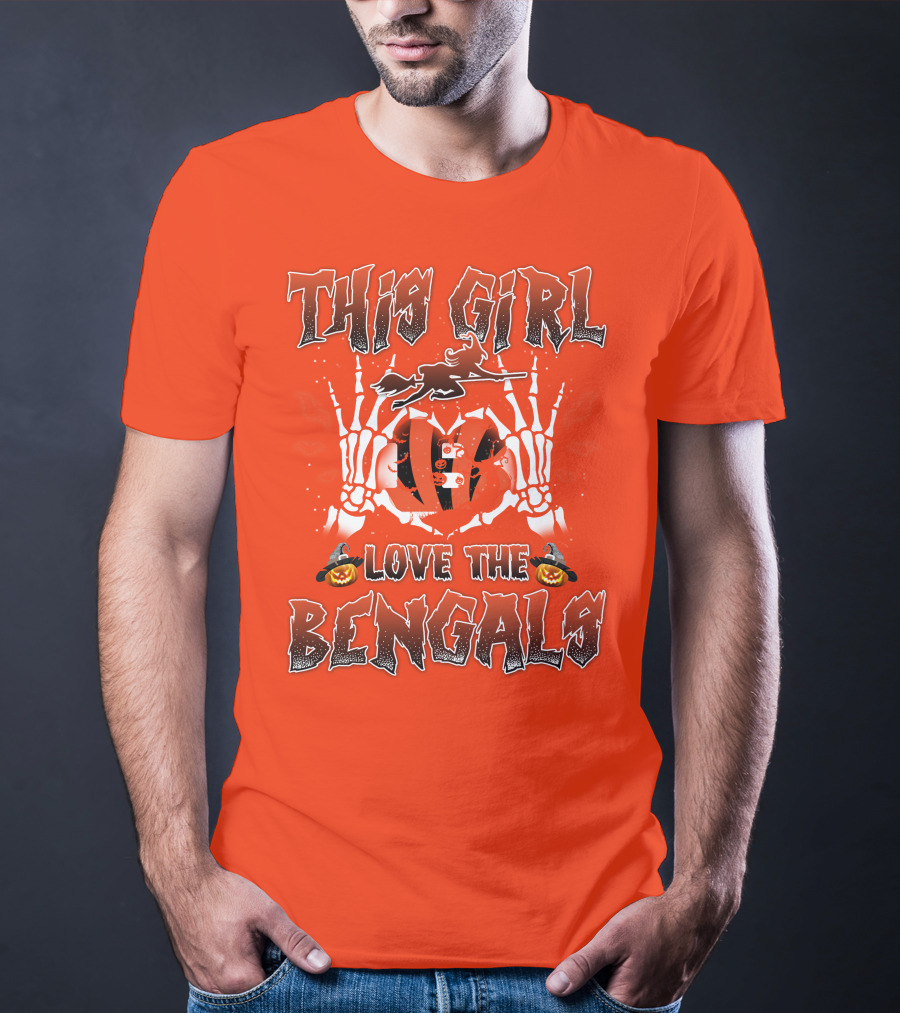 This Girl Love The Bengals Halloween Skeleton Hands And Pumpkins T-Shirt