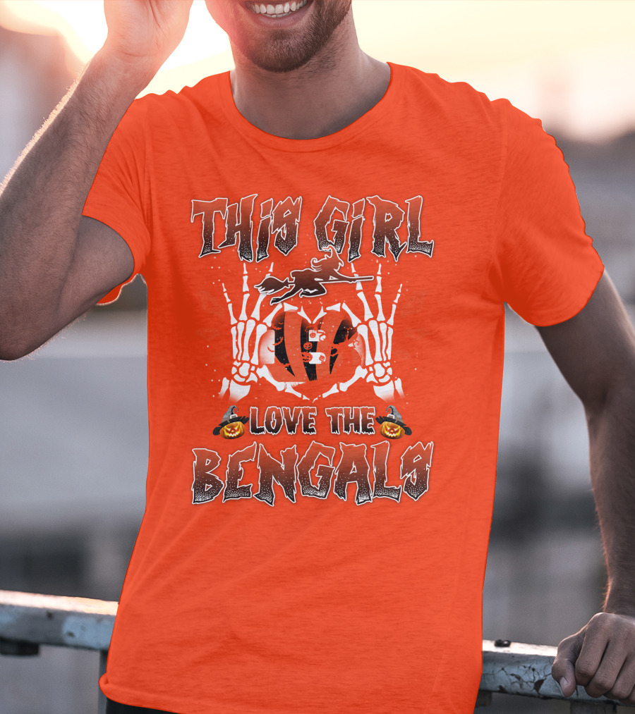 This Girl Love The Bengals Halloween Skeleton Hands And Pumpkins T-Shirt