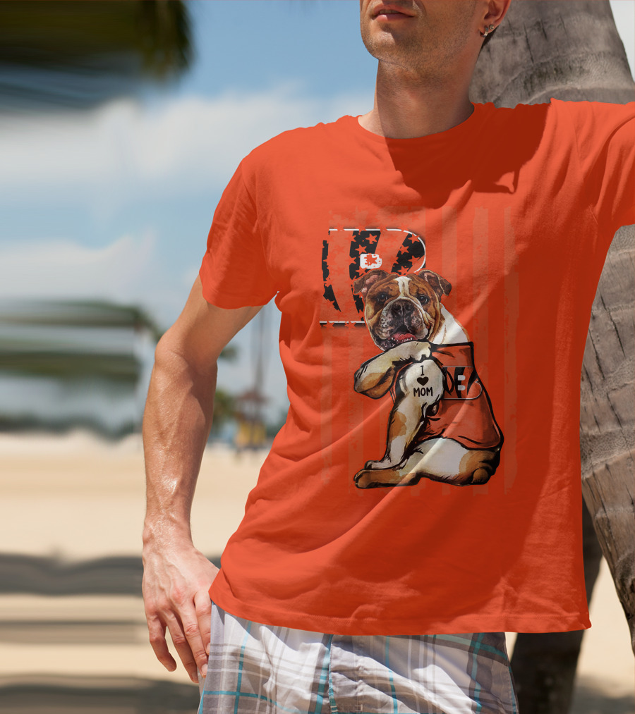 Bulldog Cincinnati Bengals I Love Mom Orange Stripes T-Shirt
