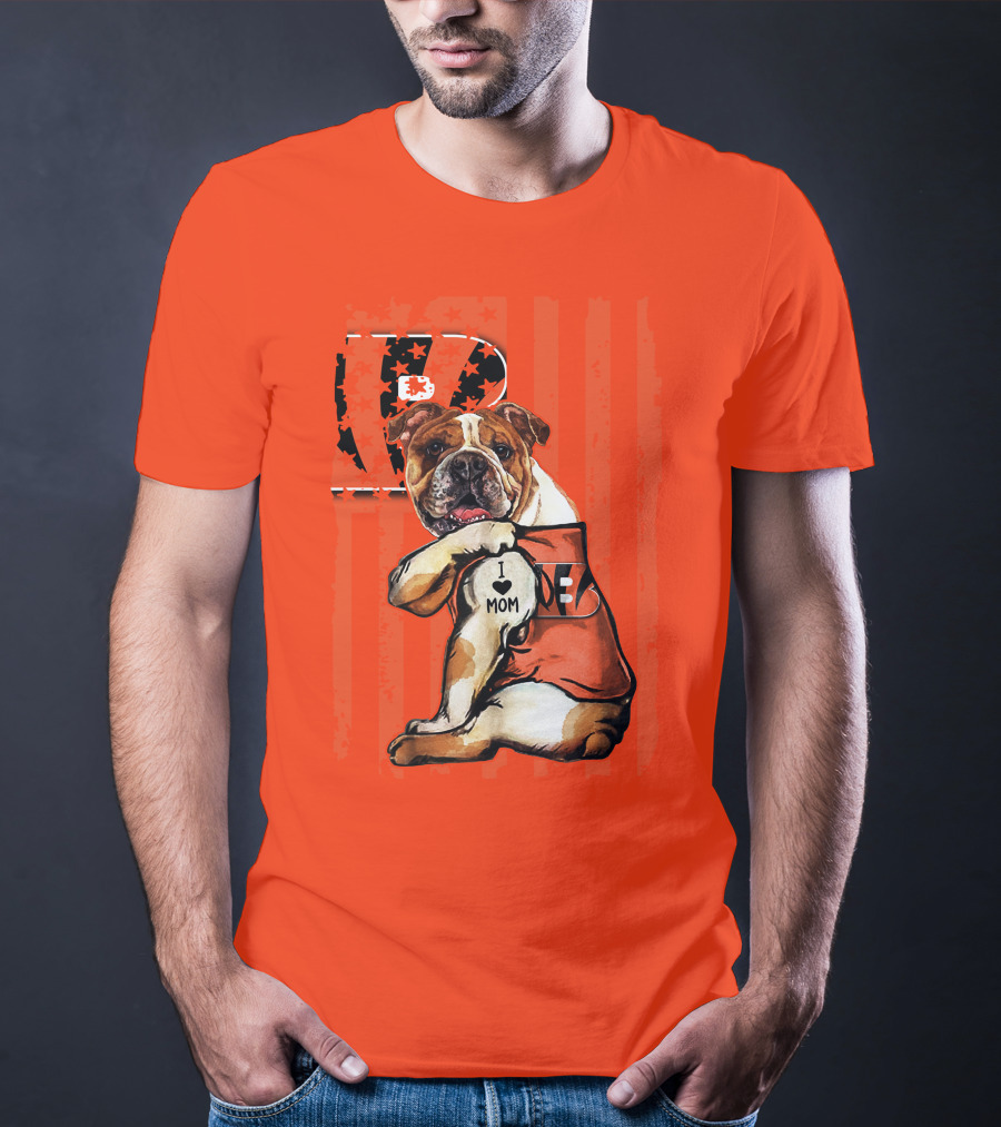 Bulldog Cincinnati Bengals I Love Mom Orange Stripes T-Shirt