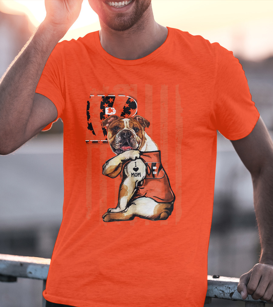 Bulldog Cincinnati Bengals I Love Mom Orange Stripes T-Shirt