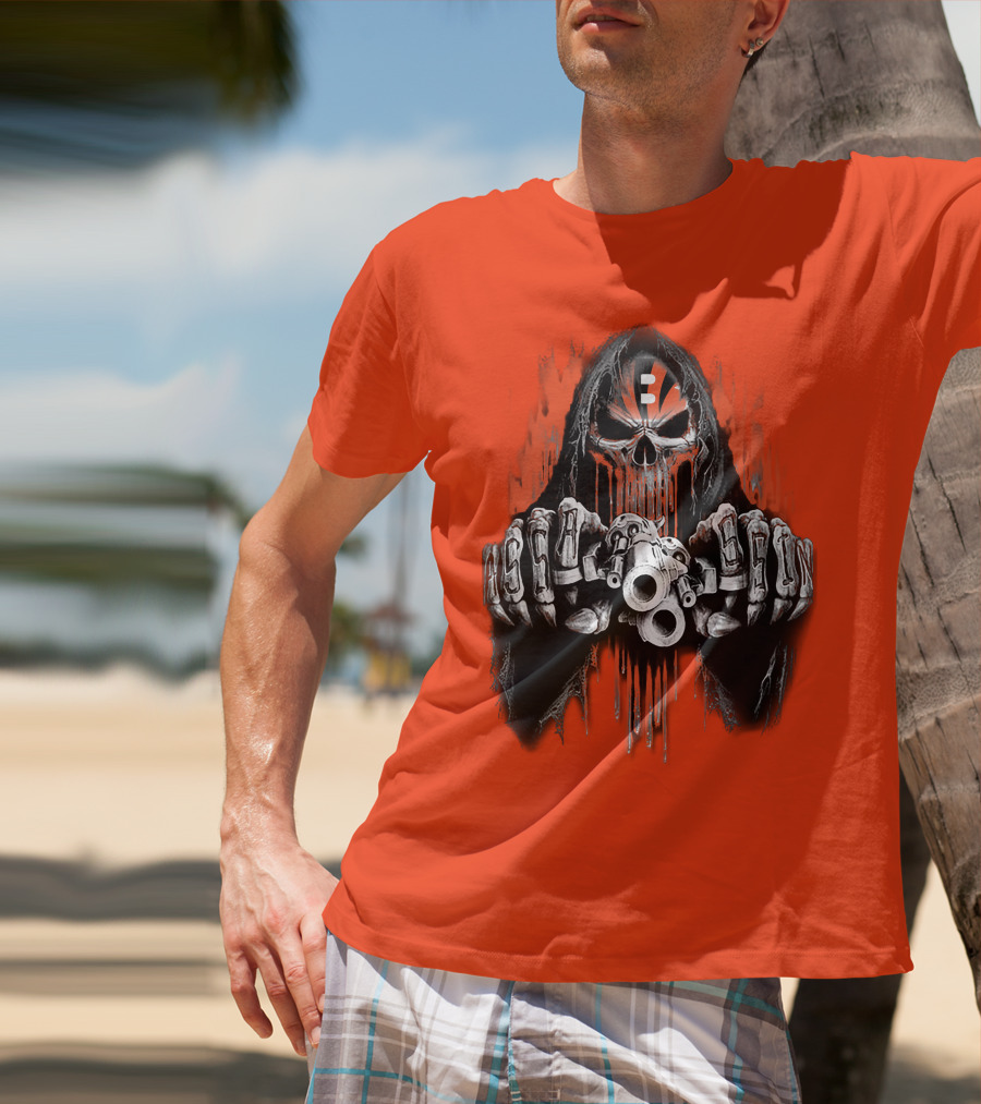Cincinnati Bengals 41 Skeleton Skull With Guns T-Shirt
