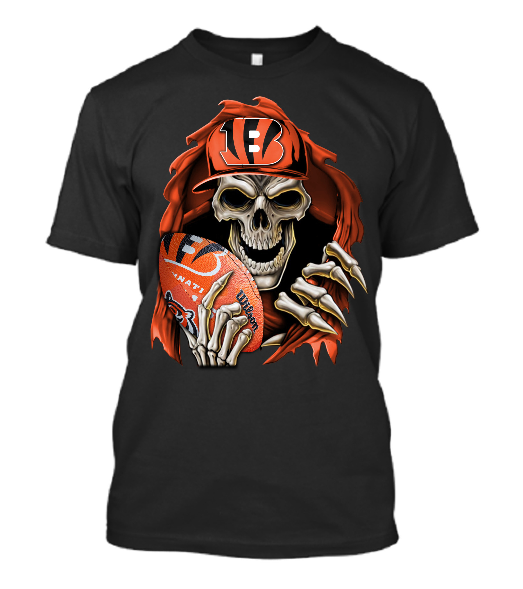 Skullbong Cincinnati Bengals Skeleton Holding Wilson Football With Team Logo In Hat And Cape T-Shirt