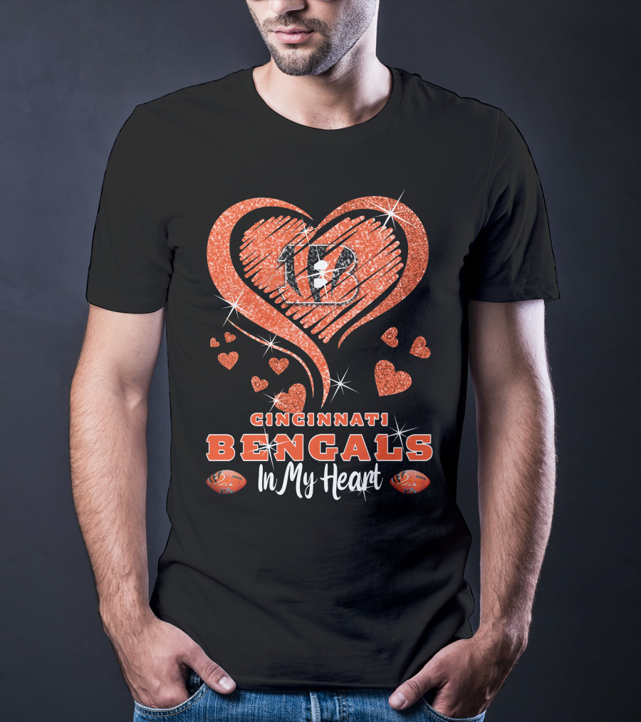 Cincinnati Bengals In My Heart Sparkling Heart Design With Glitter And Football Elements T-Shirt
