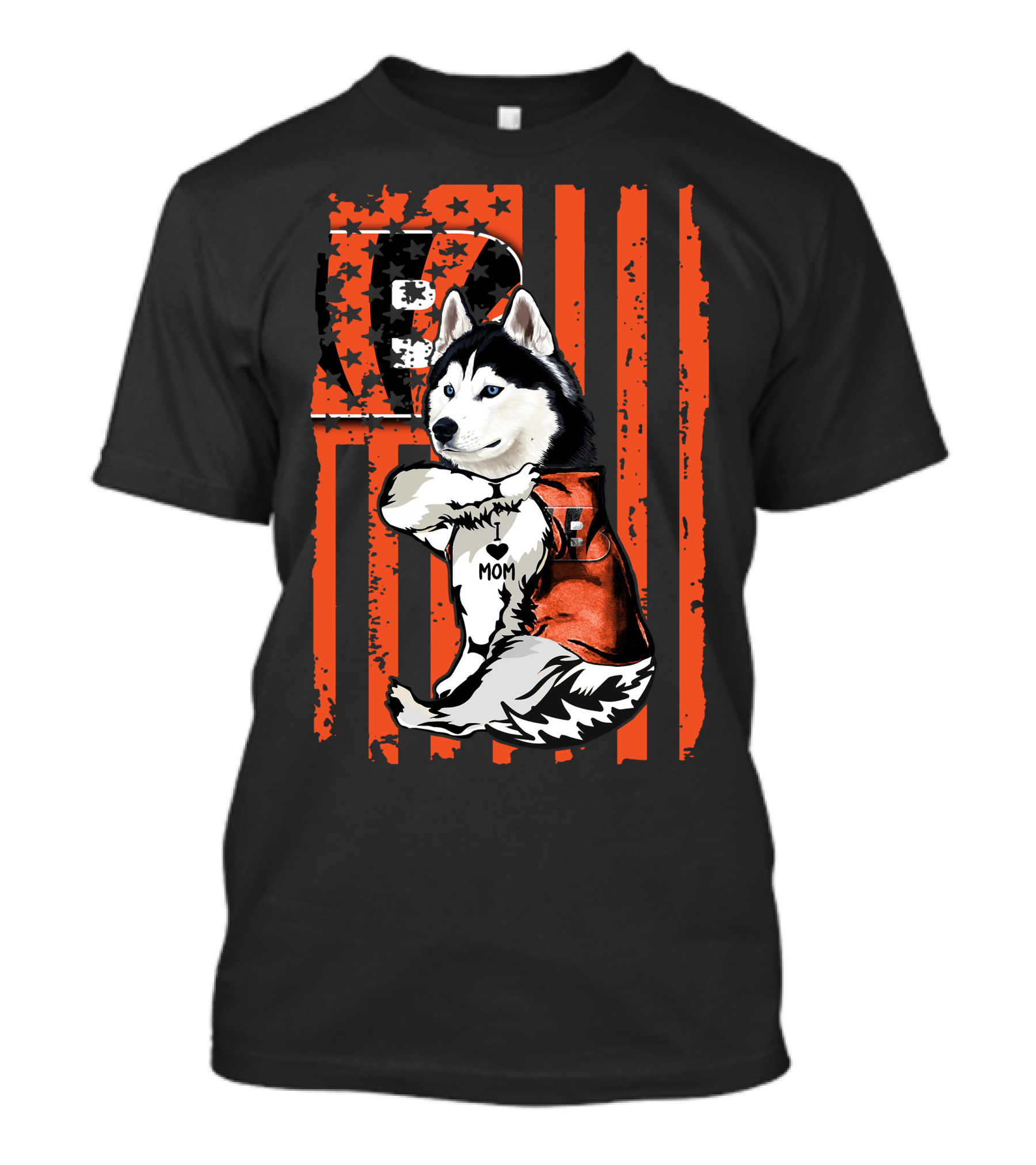 Siberian Husky In Cincinnati Bengals Jersey With I Heart Mom Tattoo On American Flag Background T-Shirt
