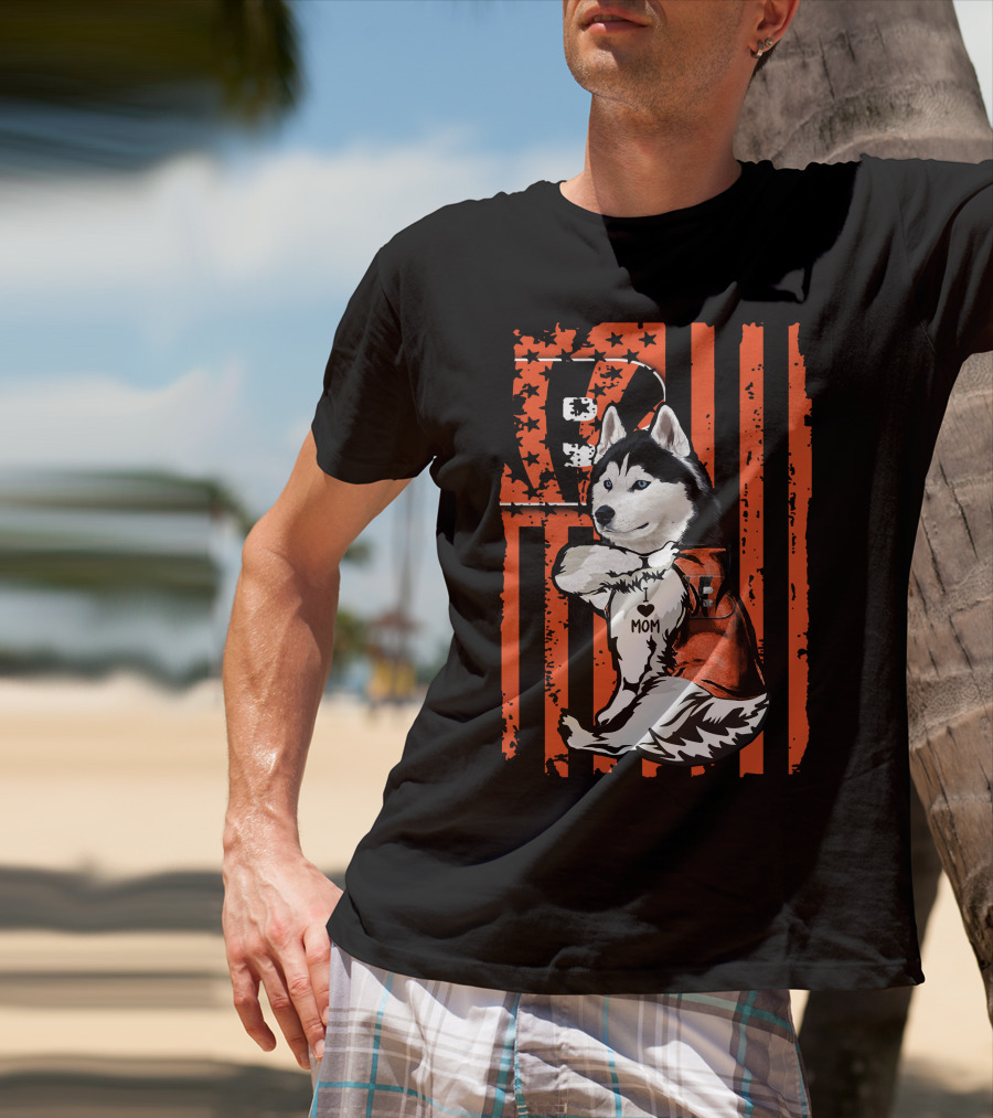 Siberian Husky In Cincinnati Bengals Jersey With I Heart Mom Tattoo On American Flag Background T-Shirt