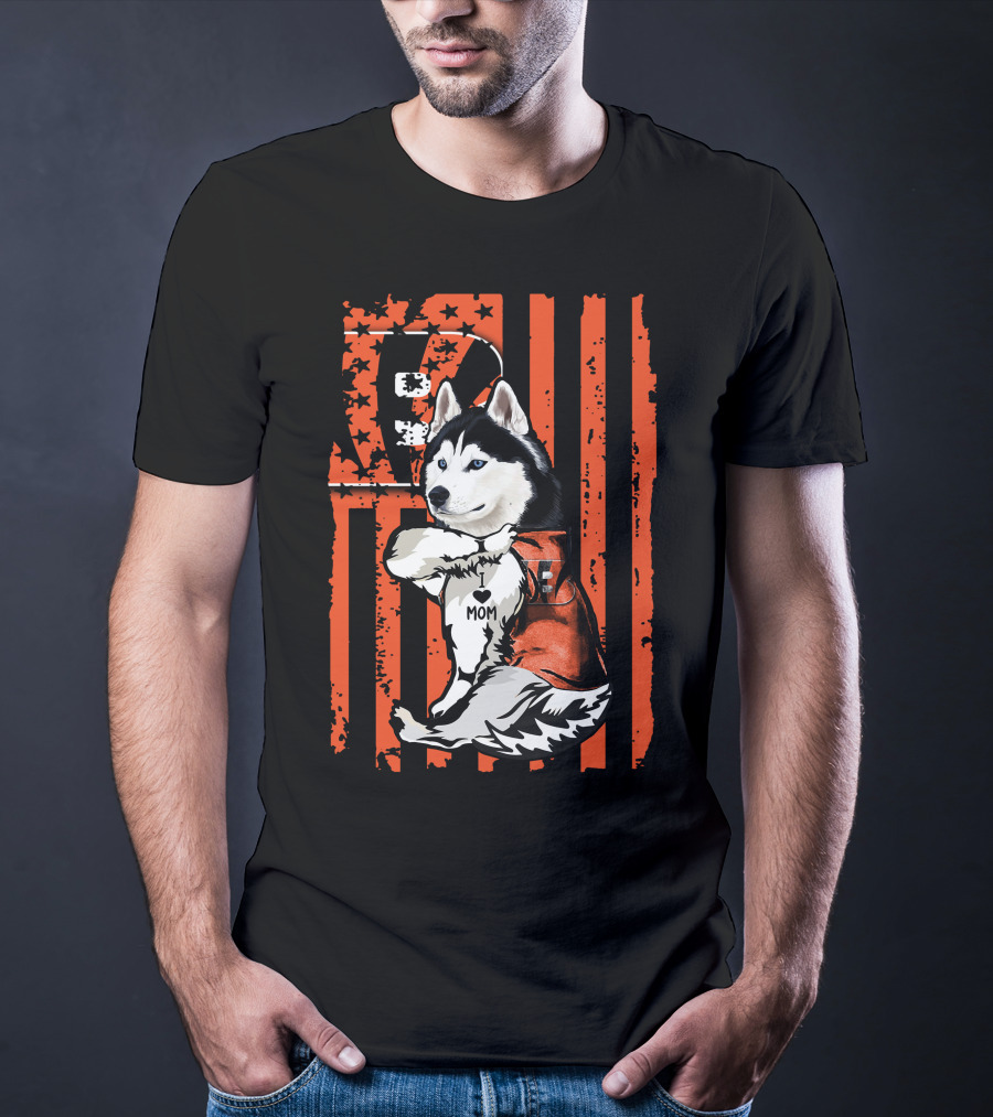 Siberian Husky In Cincinnati Bengals Jersey With I Heart Mom Tattoo On American Flag Background T-Shirt
