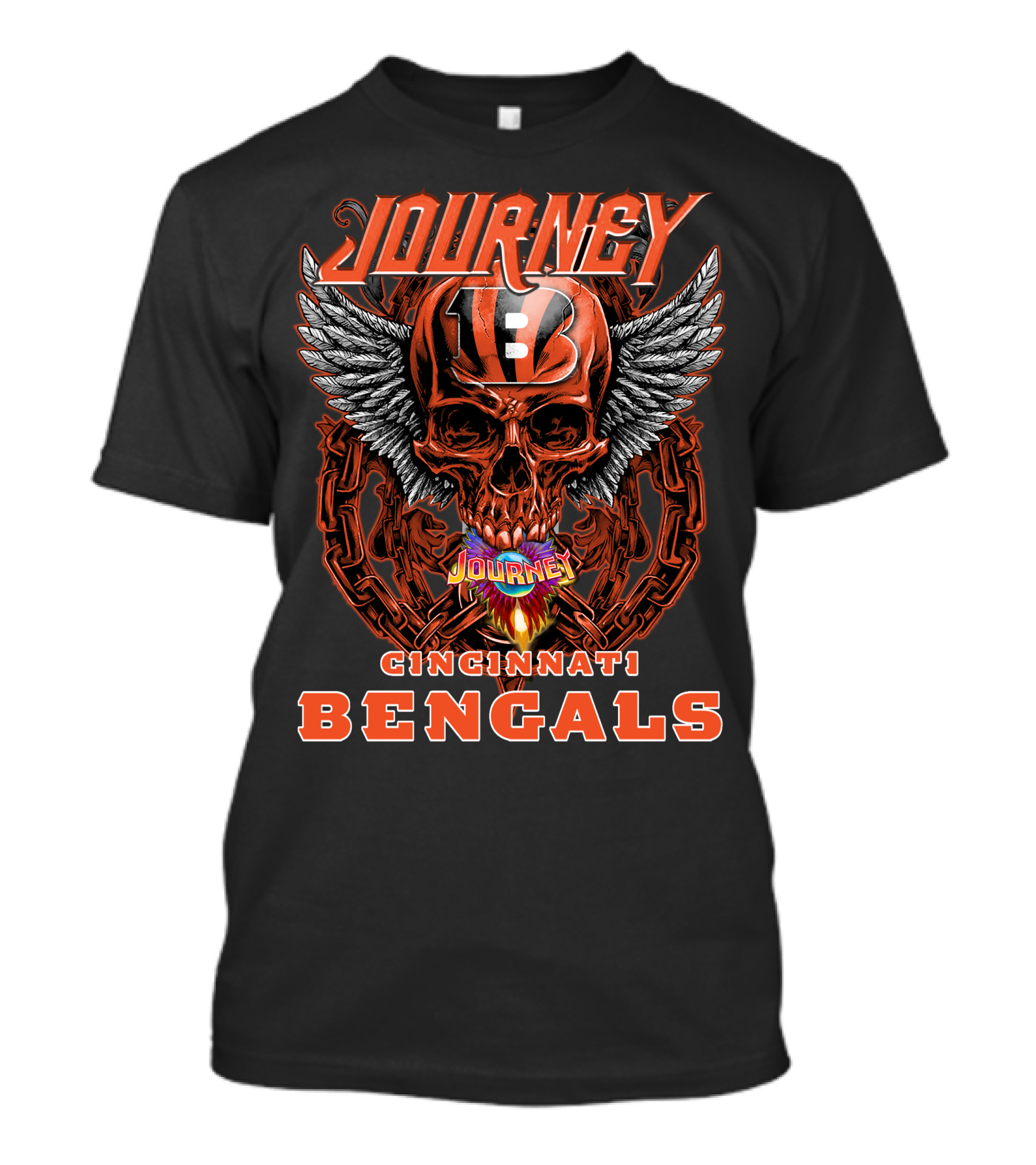 JOURNEY CINCINNATI BENGALS Skull Helmet Wings Chains Flame T-Shirt