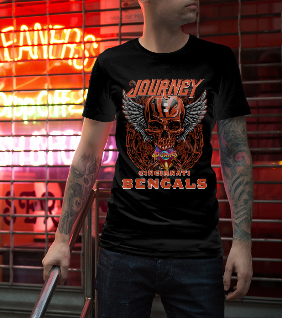 JOURNEY CINCINNATI BENGALS Skull Helmet Wings Chains Flame T-Shirt
