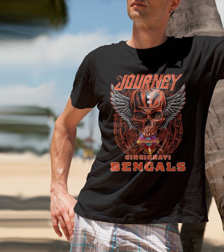 JOURNEY CINCINNATI BENGALS Skull Helmet Wings Chains Flame T-Shirt