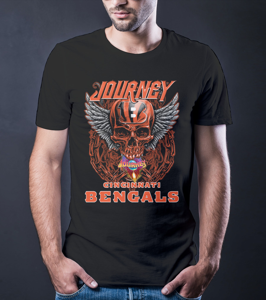 JOURNEY CINCINNATI BENGALS Skull Helmet Wings Chains Flame T-Shirt