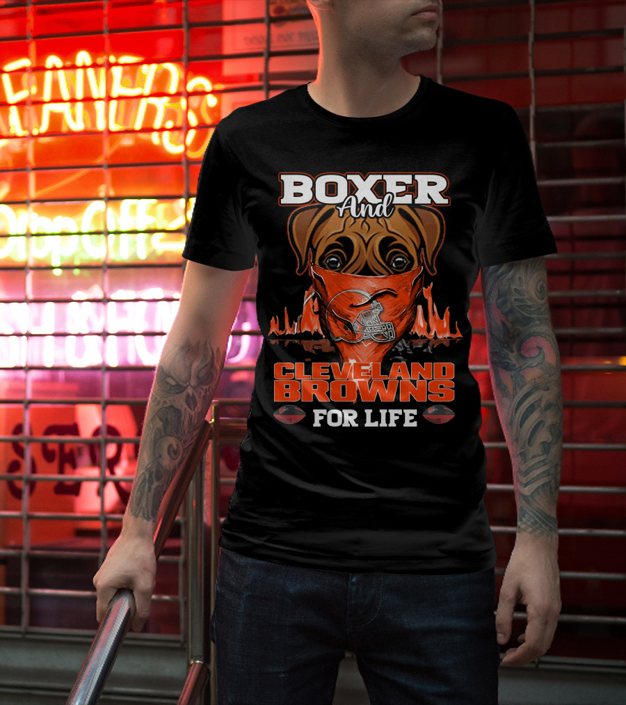 Boxer And Cleveland Browns For Life Dog Helmet Fan Flame T-Shirt