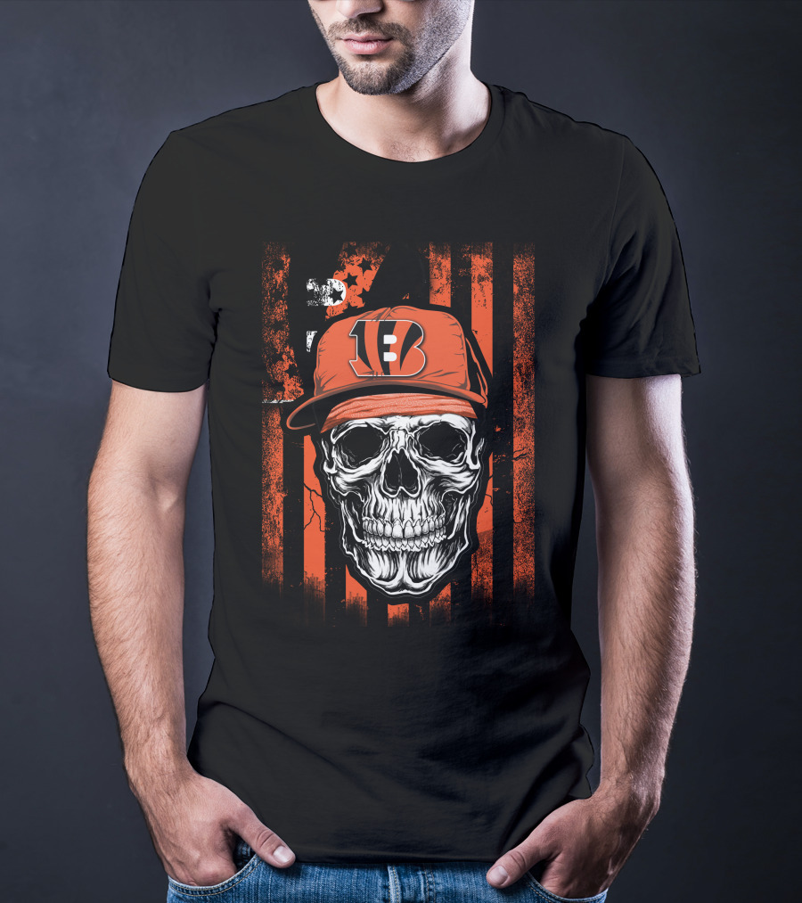 Skull Cincinnati Bengals Logo Hat With Stripes Background T-Shirt