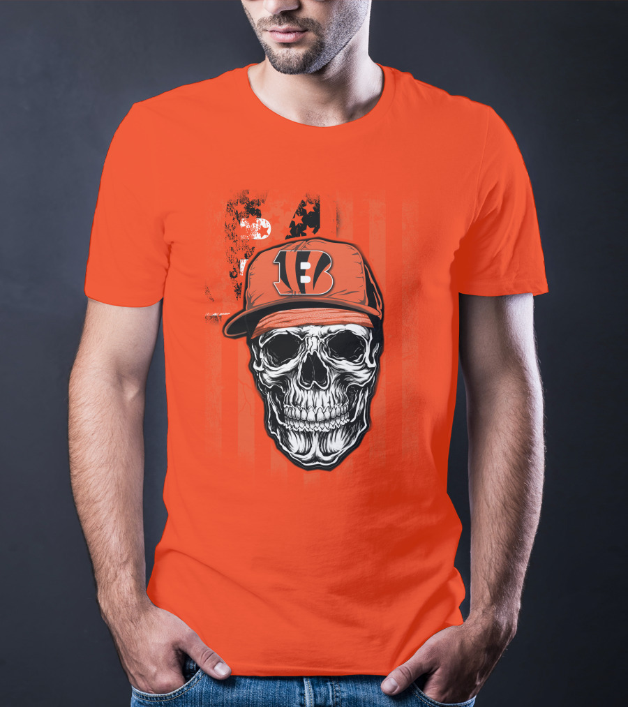 Skull V1 Cincinnati Bengals Hat American Flag Stripes T-Shirt