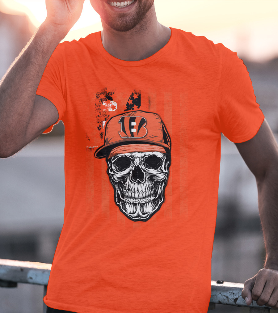 Skull V1 Cincinnati Bengals Hat American Flag Stripes T-Shirt