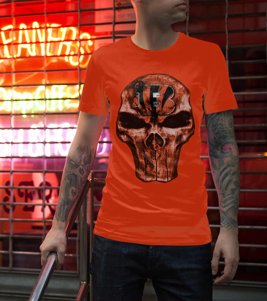 Skull Cincinnati Bengals Logo On Bold Orange T-Shirt