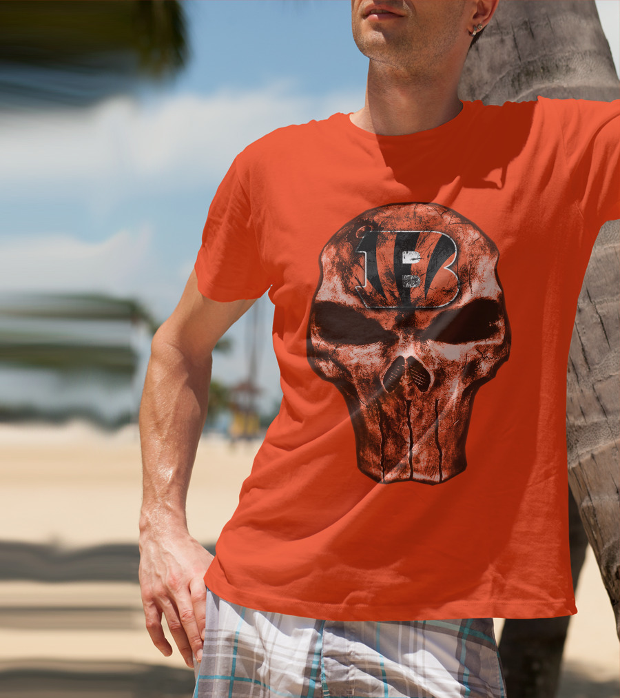 Skull Cincinnati Bengals Logo On Bold Orange T-Shirt
