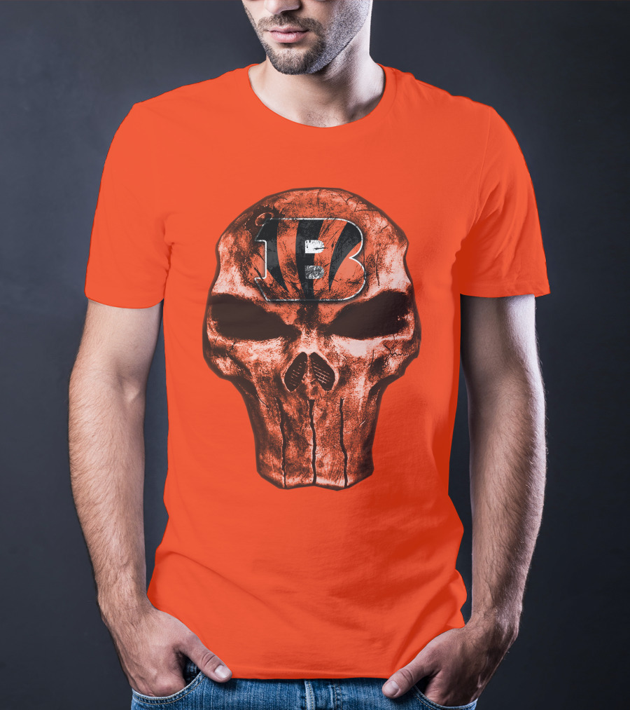 Skull Cincinnati Bengals Logo On Bold Orange T-Shirt