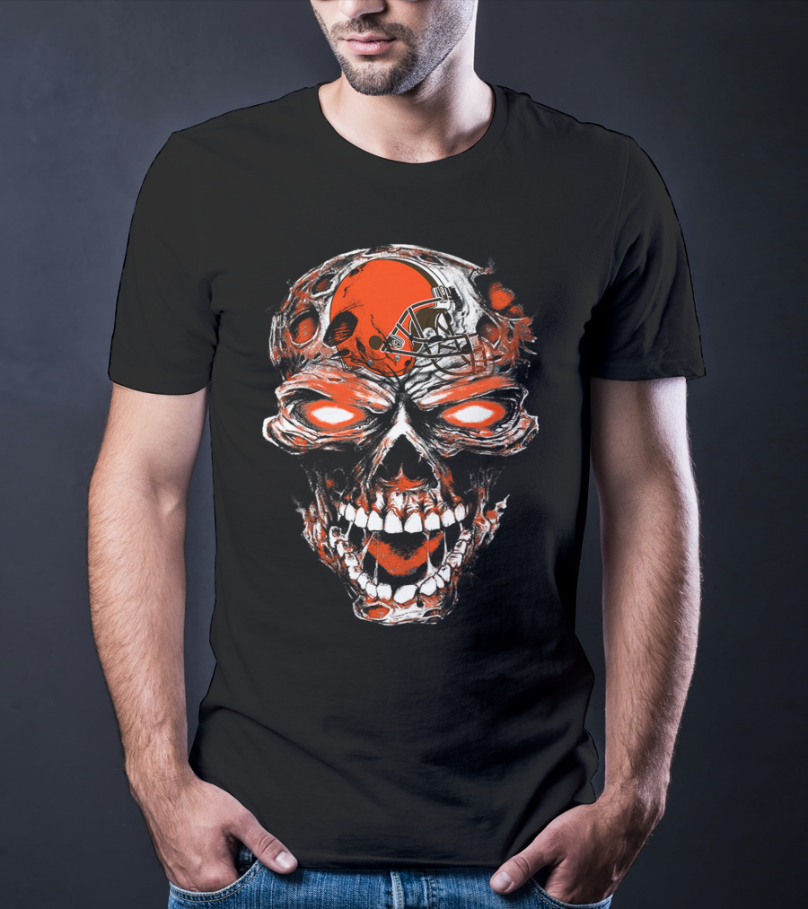 Cleveland Browns Skull Design 43 Orange Helmet Football Fan T-Shirt