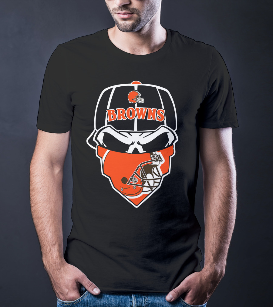 Browns Helmet Skull Mask With Football Theme T-Shirt